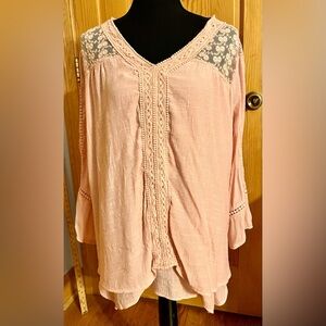 Style & Co Pink Gauzy Lace Tunic Blouse XL | Boho Layered Handkerchief Hem Top